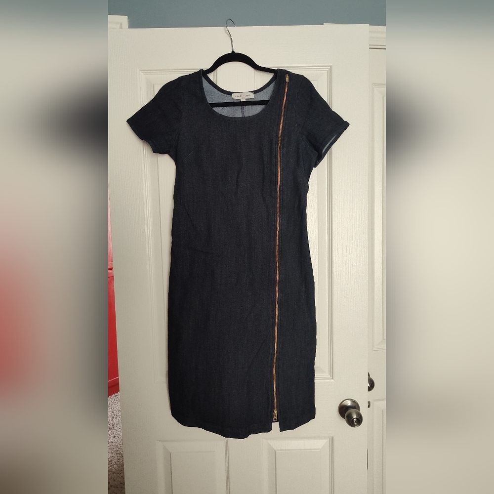 Shabby Apple Dark Blue Denim Dress with Zipper Detail